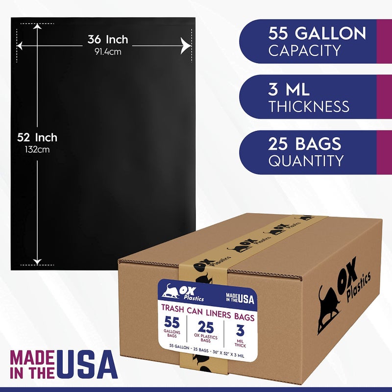 Ox Plastics 55 Gallon Trash Bags Heavy Duty â€“ Large Black Contractor Bags 36x52" â€“ Industrial, Yard Waste, Lawn & Leaf, Construction Garbage Can Liners â€“ Made in USA (3 Mil, 25 Count) - Image 2